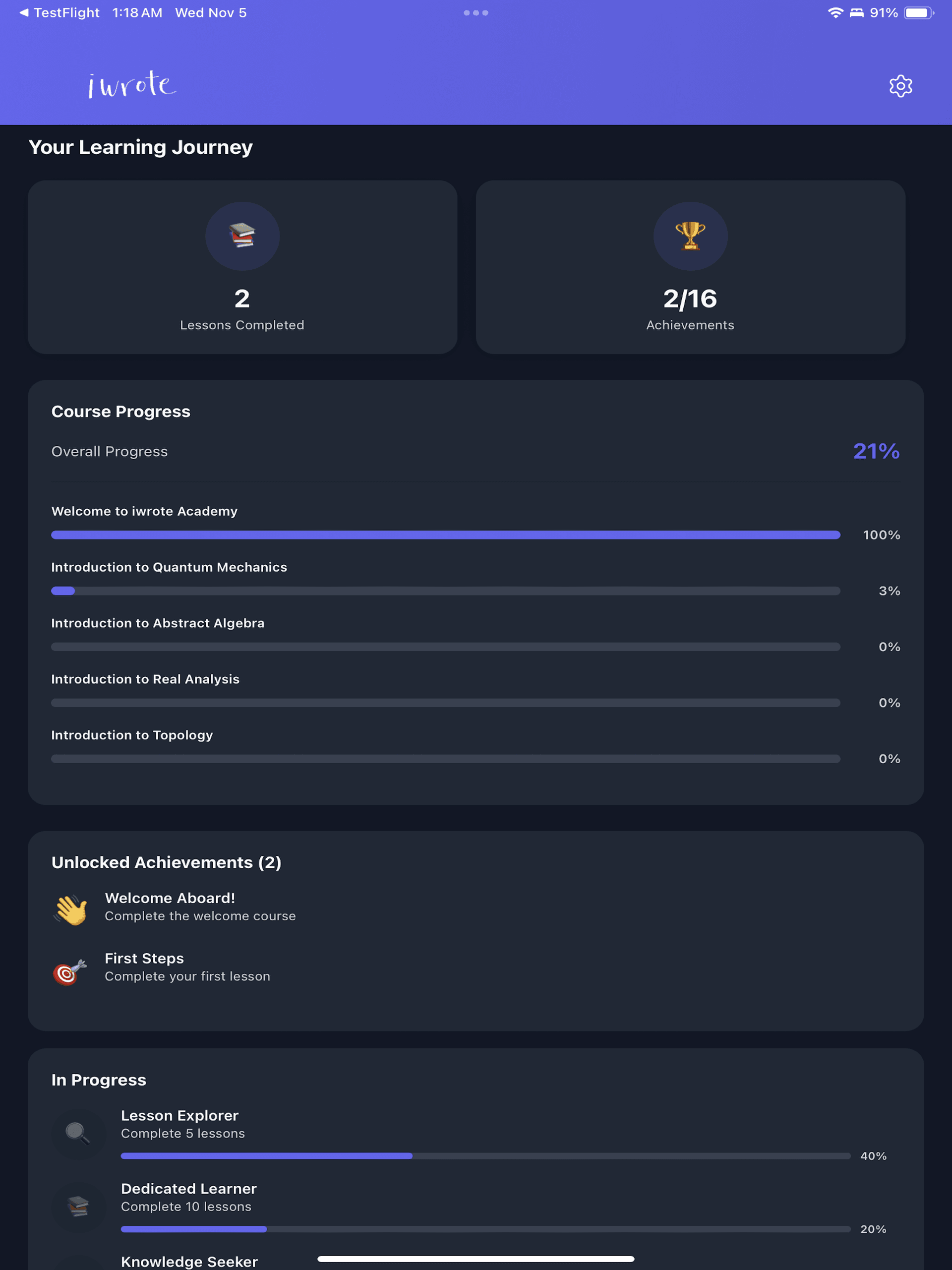Achievement system showing learning progress